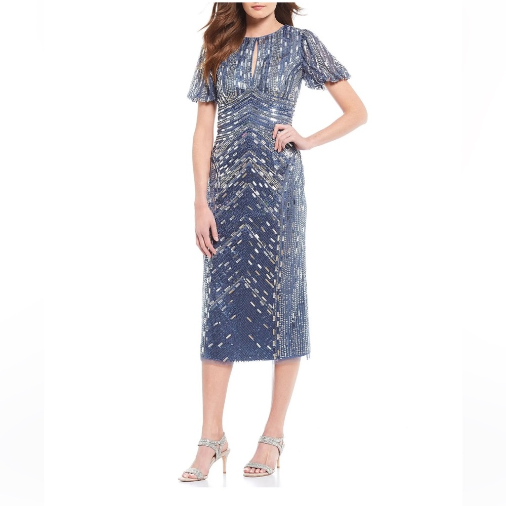 AIDAN MATTOX Elegant Blue gray Sequin  midi Dress size 2 evening wedding guest